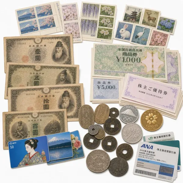 切手・古銭・金券・コインの買取例(切手、古紙幣、記念コイン、商品券)